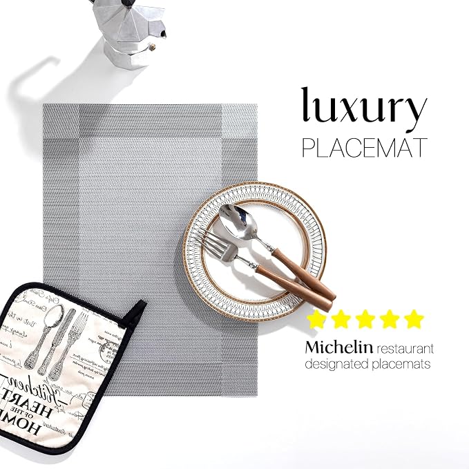 LEXMORE Placemats Set of 4 Vinyl/Plastic Woven Place Mats for Kitchen Table Indoor/Outdoor Washable Placemat Wipeable Dining Table Mats(Silver Cube)