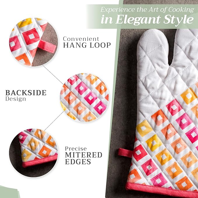 Maison d' Hermine 100% Cotton Oven Mitt & Pot Holder Set (7.5"x13" & 8"x8") Heat Resistant BBQ Cooking Gloves with Loop Baking Grilling Kitchen Hotel Home Farmhouse Spring Summer (Summer Maze)