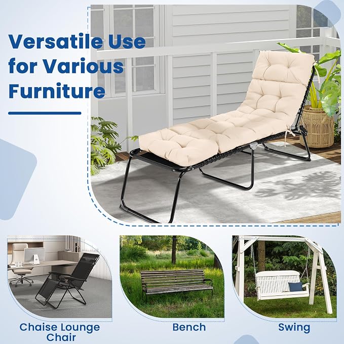 Tangkula Chaise Lounge Cushions Outdoor, 73 x 22 Inch Patio High Back Recliner Cushion with 4 String Ties, 4” Thick Padded Lounge Chair Cushion Replacement for Outdoor Indoor Furniture (1, Beige)