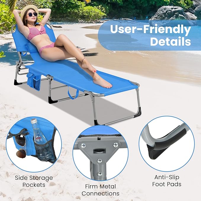 Goplus Tanning Chair, Folding Adjustable Patio Lounge Chair with Face Hole, Removable Pillow, 330LBS, Carry Strap, Outdoor Sunbathing Chair, Lightweight Portable Beach Lounge Chair (1, Navy)