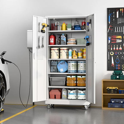 Aobabo Metal Storage Cabinet with Wheels, Steel Locking Cabinet with Pegboard Doors, Garage Cabinet for Office Pantry, 5 Adjustable Shelves, 16" D x 32" W x 71" H,Required-Assembly,White