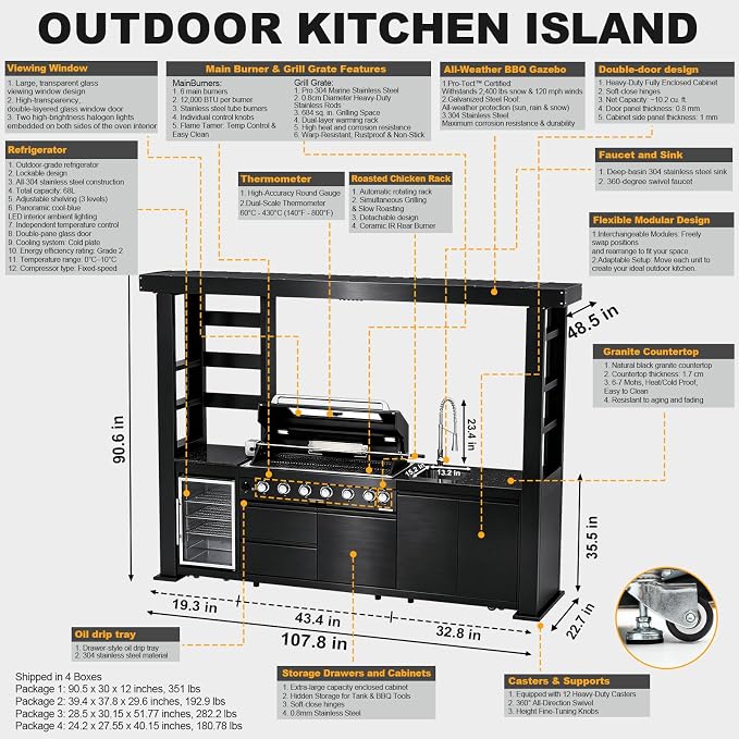 107.8" 6-Burner Modular Outdoor Kitchen Island, 85000 BTU Propane Gas Grill | Rear Infrared, Galvanized Steel Roof, Granite Countertop, Fridge, 360° Pull-Out Faucet,304 Sink, Rotisserie
