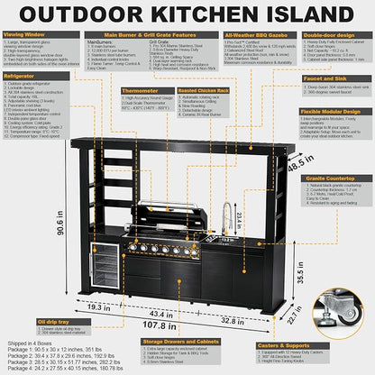 107.8" 6-Burner Modular Outdoor Kitchen Island, 85000 BTU Propane Gas Grill | Rear Infrared, Galvanized Steel Roof, Granite Countertop, Fridge, 360° Pull-Out Faucet,304 Sink, Rotisserie