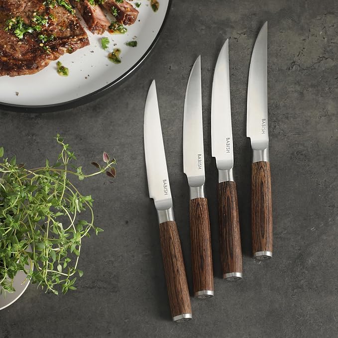 Babish 4-Piece 1.4116 German Stainless Steel Steak Knife Set with Dark Pakka Wood Handles – Full-Tang Steak Knives for Dining, Entertaining & Everyday Table Use