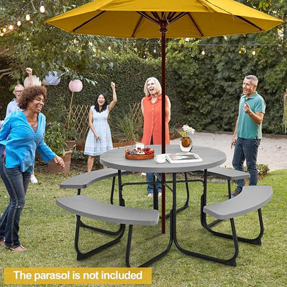 Tangkula 8 Person Picnic Table, Outdoor Round Picnic Table with 4 Built-in Benches, Umbrella Hole, Metal Frame & HDPE Tabletop, Outside Table and Bench Set for Backyard, 2300lbs Weight Capacity