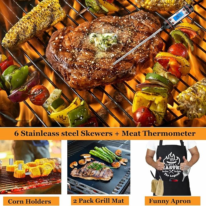 MUJUZE BBQ Grill Accessories Set,Grill Accessories Gifts for Fathers Day,BBQ Grill Sets for Men,31PCS Grilling Gifts for Men,Grilling Accessories with Apron for Dad,Barbecue Tool Sets