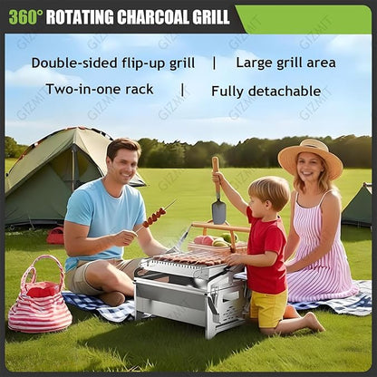 Flip Grill for BBQ, 360° Rotating Barbecue Grill, Stainless Steel Flipping Barbecue Grills, Grill Outdoor, Detachable Portable Charcoal Barbecue Grill for Picnic Yard Party
