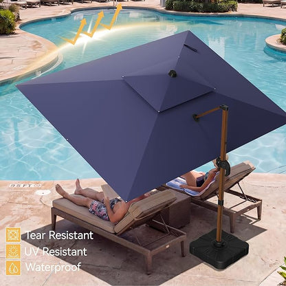 10x13 FT Wood Pattern Patio Umbrella with Base, Large Deluxe Cantilever Rectangular Double Top Heavy Duty Offset Umbrellas with 360° Rotation, Outdoor shade for Garden Pool Patio, Navy