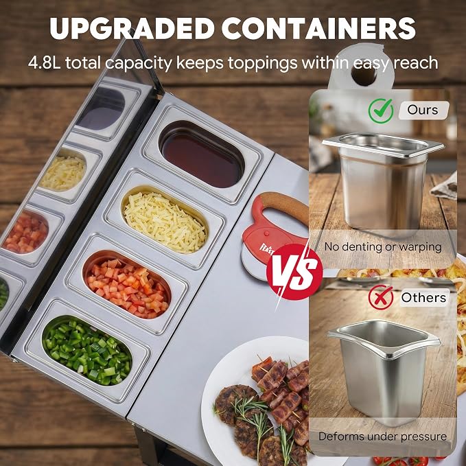 Feasto Outdoor Pizza Prep Cart with Topping Station & Stainless Steel Top | Integrated Pizza Topping Station with Lid, Food-Grade Prep Tabletop, Lockable Wheels (2x1.5L+2x0.9L Containers Included)