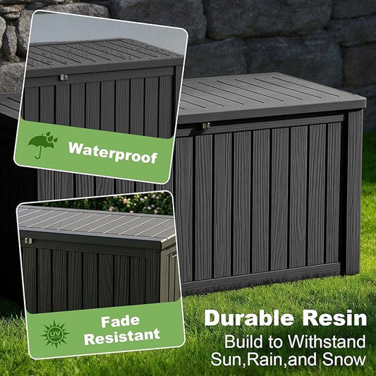 ROJIK 180 Gallon Waterproof Outdoor Deck Storage Box, Lockable Resin Patio Storage Bin with Lid for Garden Tools, Patio Cushions & Outdoor Accessories(Black)