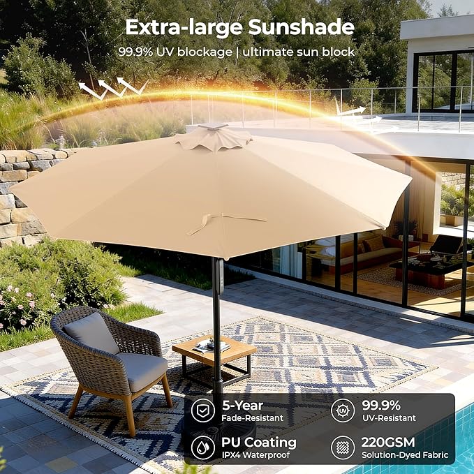 HOMSHADE 9FT Motorized Patio Umbrella with Remote Control & Solar Lights, Outdoor Table Umbrella with One-Button Switch for Deck, Backyard, Pool(Buff)