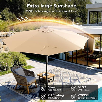 HOMSHADE 9FT Motorized Patio Umbrella with Remote Control & Solar Lights, Outdoor Table Umbrella with One-Button Switch for Deck, Backyard, Pool(Buff)