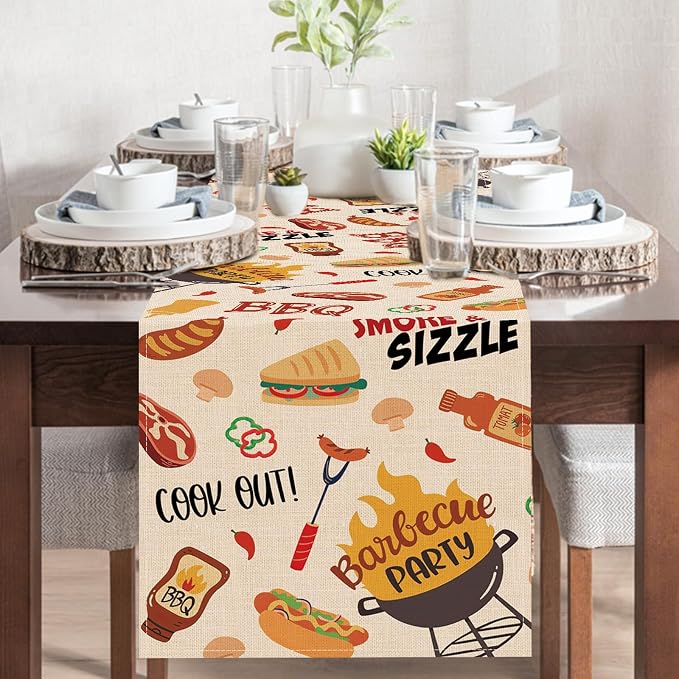Barbecue Dining Table Runner, Summer BBQ Grill Tools Hot Dog Steak Sauce Burlap Kitchen Decoration, Cook Out Smoke Sizzle Indoor Outdoor Home Decor Party Supply 13 x 72 Inches