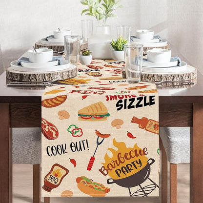 Barbecue Dining Table Runner, Summer BBQ Grill Tools Hot Dog Steak Sauce Burlap Kitchen Decoration, Cook Out Smoke Sizzle Indoor Outdoor Home Decor Party Supply 13 x 72 Inches