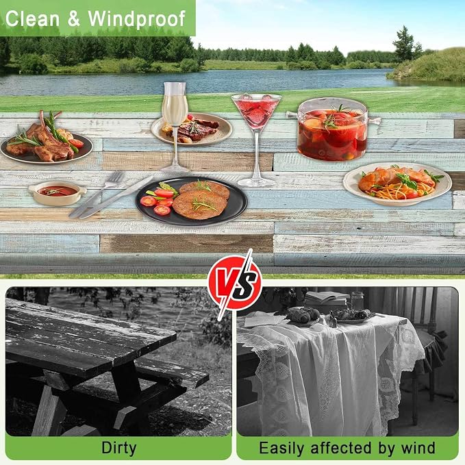 JAWO Rustic Wooden Picnic Table Cover with Bench Covers, Modern Camping RV Essentials Gear Supplies Outdoor Waterproof Windproof Tablecloth with Elastic, 30X96in