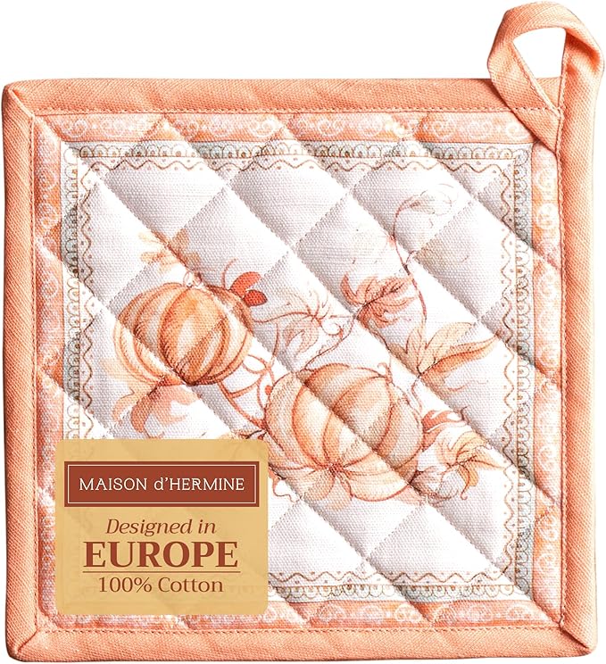 Maison d' Hermine Pot Holders 100% Cotton Heat Resistant Potholders 8" x 8" Hot Pads with Loop for Thanksgiving Christmas Decorations BBQ Cooking Baking Handling Hot Pans (Pack of 1, Giving Thanks)