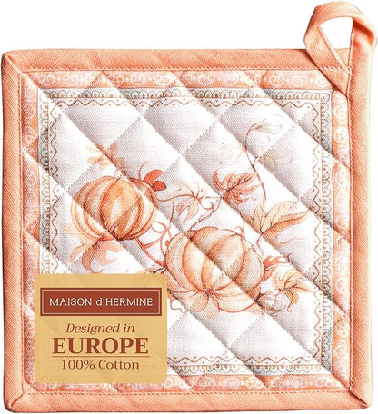 Maison d' Hermine Pot Holders 100% Cotton Heat Resistant Potholders 8" x 8" Hot Pads with Loop for Thanksgiving Christmas Decorations BBQ Cooking Baking Handling Hot Pans (Pack of 1, Giving Thanks)