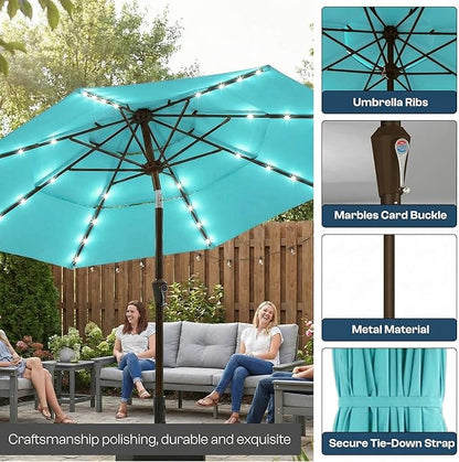 10ft 3-Tier Patio Umbrella with 32 Solar Powered LED Lights, Windproof Outdoor Market Umbrella for Deck, Poolside & Garden, Sturdy Push-Button Tilt Table Umbrella, Aqua Blue