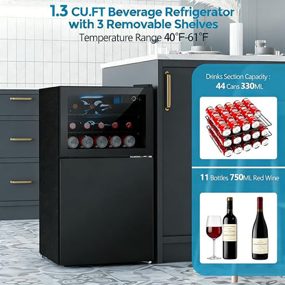 COWSAR 2.6 Cu.Ft Beverage Refrigerator & Mini Fridge with Freezer - Glass Door, Reversible Design, Adjustable Thermostat for Dorm, Office, Bedroom
