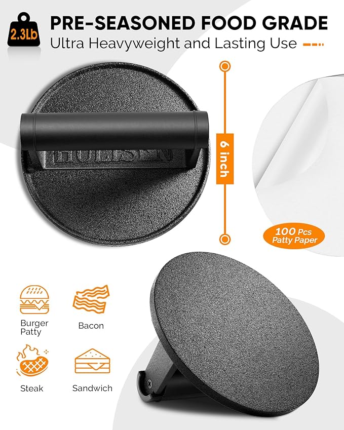 HULISEN Pre-Seasoned Cast Iron Burger Press Includes 100 Pcs Patty Paper, 2.3lb Heavy Duty 6” Burger Smasher for Griddle with Heat Resistant Handle, Grill Press for Hamburger, Bacon, Meat