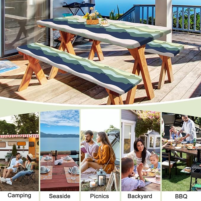 Picnic Table and Bench Cover Set, Waterproof Fitted Elastic Cloth | Portable Camping Essentials With Built-In Storage Pocket And Waterproof Fabric For Outdoor RV Or Picnic Table Use