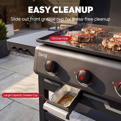 Feasto 28-Inch 3 Burner Propane Flat Top Grill with Hood and Side Burner | 550 Sq. In. Outdoor Griddle with Protective Hood, 37,500 BTU Main Burners, 13,000 BTU Lidded Side Burner, Folding Side Table