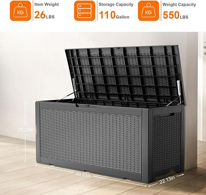 ROJIK Outdoor Storage Housing Deck Box - Waterproof Patio Furniture, Garden Tools, Cushions, Pool Accessories Storage Bench with Lockable Lid and Side Handles (Black 110 Gal)
