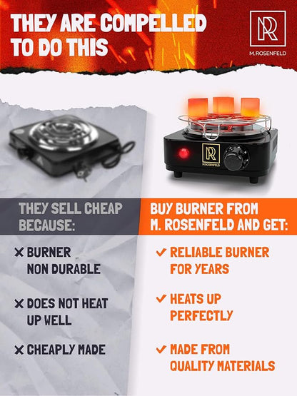 M. ROSENFELD Hookah Coal Burner 500W with Grid - Coal Burner for Hooka Cubes Black Heat Hookah Charcoal Burner Electric for Shisha with Grill & Free Hooka Tongs Hooka Stove - 304 Stainless Steel