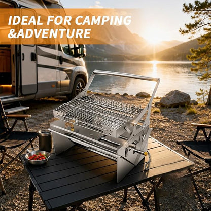3-in-1 Gas Portable Barbecue Grill, 360° Rotatable Charcoal Grill, Flipping Stainless Steel Detachable Grill with Carry Bag, Dual-Use Grill & Fire Pit for Camping, Tailgating and Outdoor Cooking