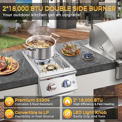 Grilling Side Burners for Outdoor Kitchen, 2 * 18,000BTU Natural Gas Side Burner,Convertible to Liquid Propane, Duty Heavy 304 Stainless Steel, Double Burner for BBQ Island Gril, Gold