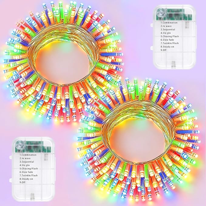 Pooqla 2 Pack String Lights Battery Operated, Total 66.6ft 200 LED Fairy Lights Indoor Outdoor Decorations, 8 Modes Colorful Battery Christmas Lights for Bedroom Classroom Porch Party Yard Decor