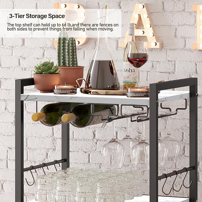 TUTOTAK Bar Cart with Wheels, Mini Drink Cart with Wine Rack & Glass Holder | 3-Tier 17 Inch Wide Home Bar Serving Carts, Small Mobile Kitchen Shelf with 6 Hooks, Marble White BC01BM035