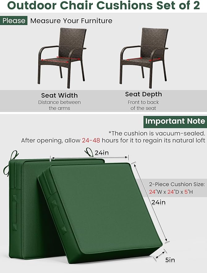 Outdoor Chair Cushion 24 x 24 x 5 Inches Patio Furniture Outdoor Waterproof Seat Cushion, Patio Chair Cushion with Handles and Ties, Square Dining Chair Cushion Set of 2, Green