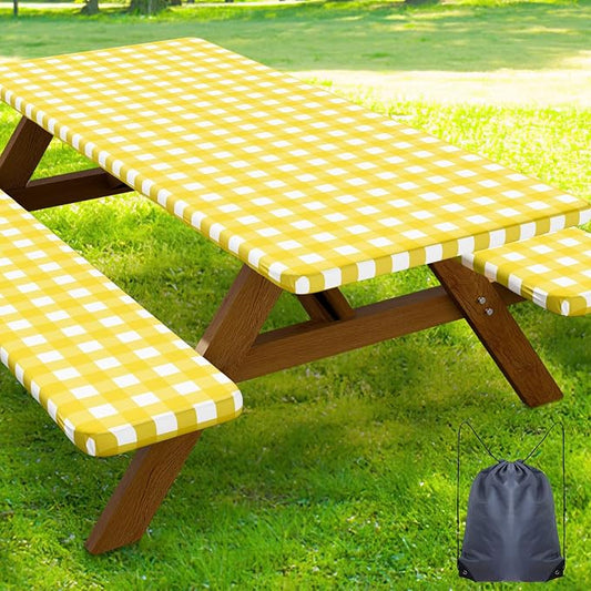Smiry Picnic Table Cover with Bench Covers, Waterproof Elastic Fitted Tablecloths for 5 Foot Rectangle Tables, Washable Buffalo Plaid Tablecloth for Camping, Outdoor (Yellow & White, 30"x60")
