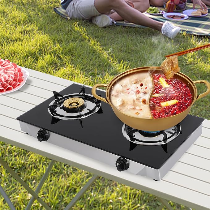 Gas Stove with 2 Burners, Portable Gas Stove with Independent Control, 2 Burners Gas Stove, Portable Tempered Glass Camping Burner, Countertop Gas Stove for Kitchen, Home and Commercial Use