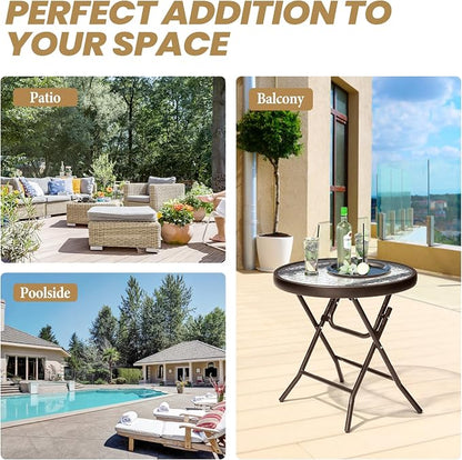 Foldable Side Table with Tempered Glass Top, Brown | 18" Small Patio Side Tables Outdoor for Porch Yard Balcony Deck Lawn Garden