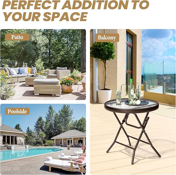 Foldable Side Table with Tempered Glass Top, 2 Pack Brown | 18" Small Patio Side Tables Outdoor for Porch Yard Balcony Deck Lawn Garden