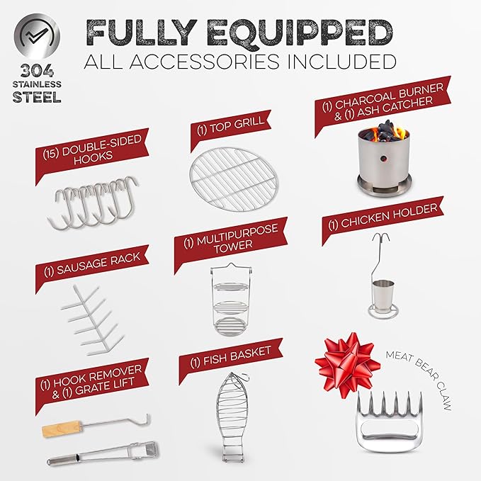 Barrel Smoker Grill Combo | 100% 304 Stainless Steel Barrel | 95% Less Smoke, Even Heat | Easy to Use & Clean – Vertical Smoker Ideal for Balconies and Backyards (SMALL-13 LBS)
