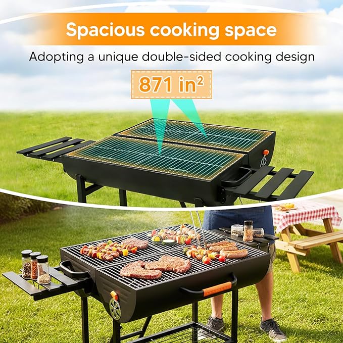 Barrel Barbecue Charcoal Grill 871 Square Inches Cooking Area Outdoor BBQ Grill with 2 Foldable Side Tables Charcoal Barrel Grills for Patio Backyard Camping Picnics Tailgating Parties