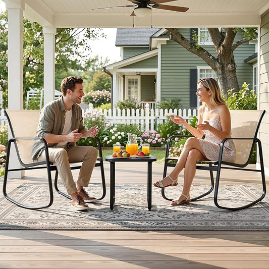 DWVO 3 Piece Rocking Patio Furniture Set Textilene Patio Set Outdoors Brown | Heavy-duty Small Patio Furniture Set w/Breathable Fabric, Smooth Rocking, Tempered Glass Table, Easy Assembly and Cleaning