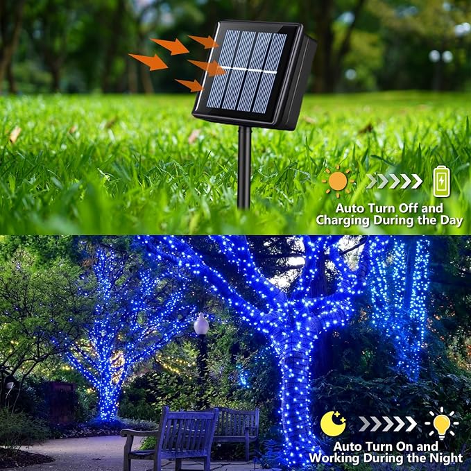 YEGUO Solar String Lights Outdoor Waterproof, 2 Packs Each 33ft 100 LED Blue Lights, 8 Modes Twinkle Light for Christmas Tree Outside Garden Yard Xmas Decor