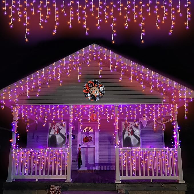 QITONG Orange and Purple Halloween Lights, 99ft 1200 LED Icicle Lights for Outside Plug in, Clear Wire String Light Indoor with 8 Modes