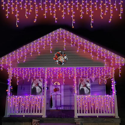 QITONG Orange and Purple Halloween Lights, 99ft 1200 LED Icicle Lights for Outside Plug in, Clear Wire String Light Indoor with 8 Modes