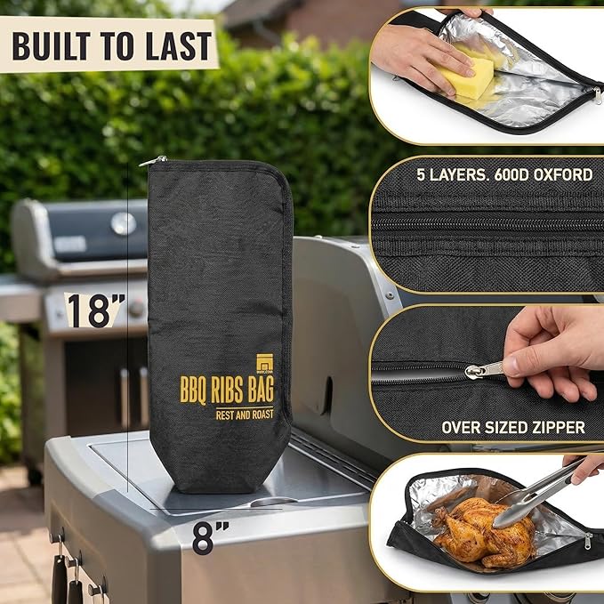 BBQ Blanket for Resting Meat, 18" x 8" x 4.5" Insulated Rib Bag, 5-Layer Heat-Resistant Design, Easy to Clean, Heavy-Duty Wide Mouth for Briskets, Pork Shoulder, Steaks