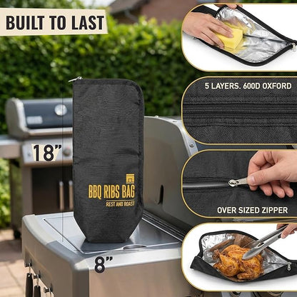 BBQ Blanket for Resting Meat, 18" x 8" x 4.5" Insulated Rib Bag, 5-Layer Heat-Resistant Design, Easy to Clean, Heavy-Duty Wide Mouth for Briskets, Pork Shoulder, Steaks