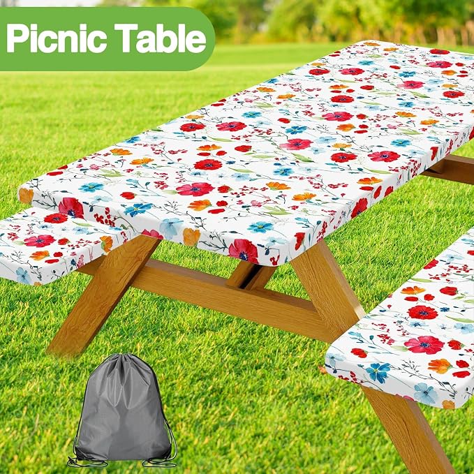 JAWO Picnic Table Cover with Bench Covers, Flowes Boho Floral Camping RV Essentials Gear Supplies Outdoor Waterproof Windproof Tablecloth with Elastic, 96in