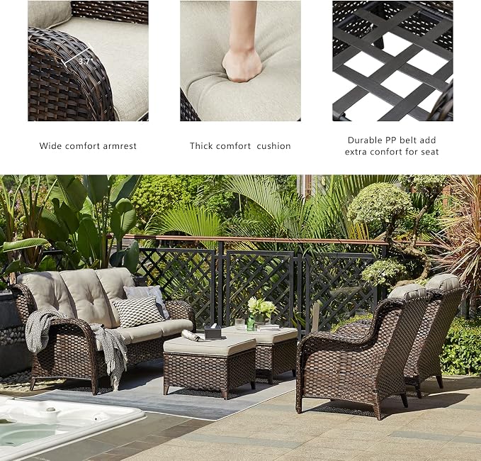 Rilyson Outdoor Patio Wicker Sofa, 900Lbs Weight Capacity Large 3 Seater Wicker Patio Couch with 4in Seat Cushions and Deep Seating, All Weather for Backyard, Garden, Poolside (Brown/Beige)