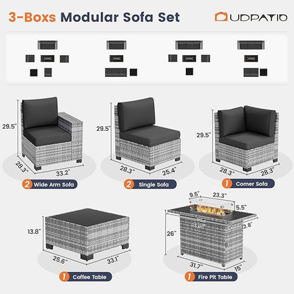 UDPATIO Patio Sectional Sofa with Fire Pit Table, 8 Inch Armrest 7-Piece Wicker Conversation with Waterproof Cover for Backyard Deck, Grey/Black