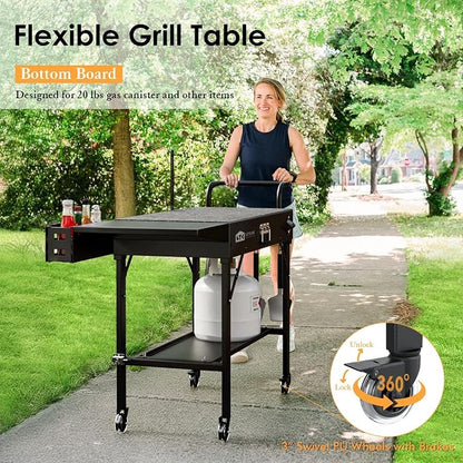 Grill Cart for Blackstone Griddle, Portable Outdoor Grill Table | Foldable Cart Table with Wheels for Ninja, Griddle Stand Fit 17 Inch Or 22 Inch, BBQ Prep Tables with Seasoning Tray