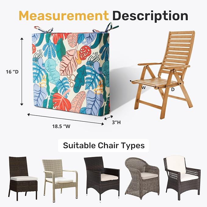 UNIKOME Outdoor Chair Cushions Pack of 4, Water Resistant Patio Cushions with Ties, High Density Sponge Filling Square Corner Seat Cushions for Outdoor Furniture, 18.5"*16"*3", Palm Tropical